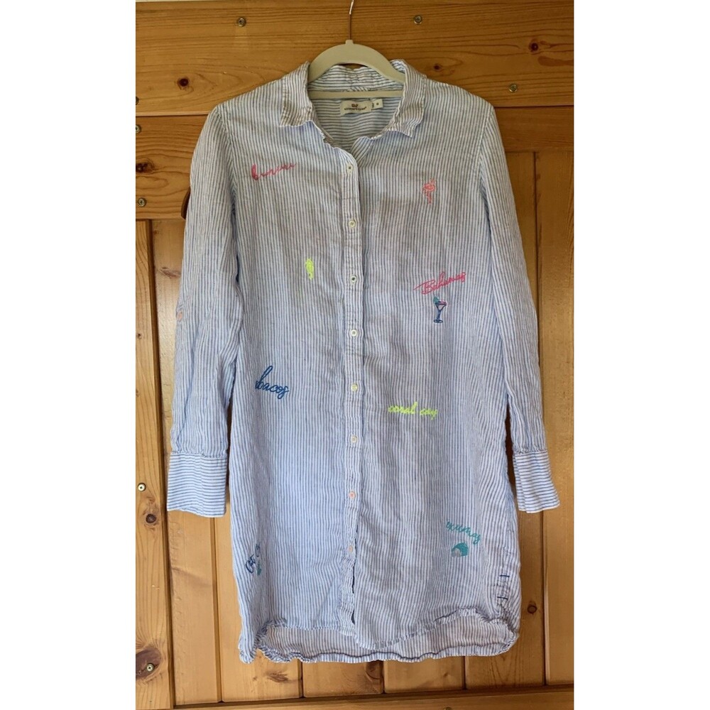 Vineyard Vines Blue White Striped 100% Linen Tunic Shirt Beach Cover-Up Sz 10